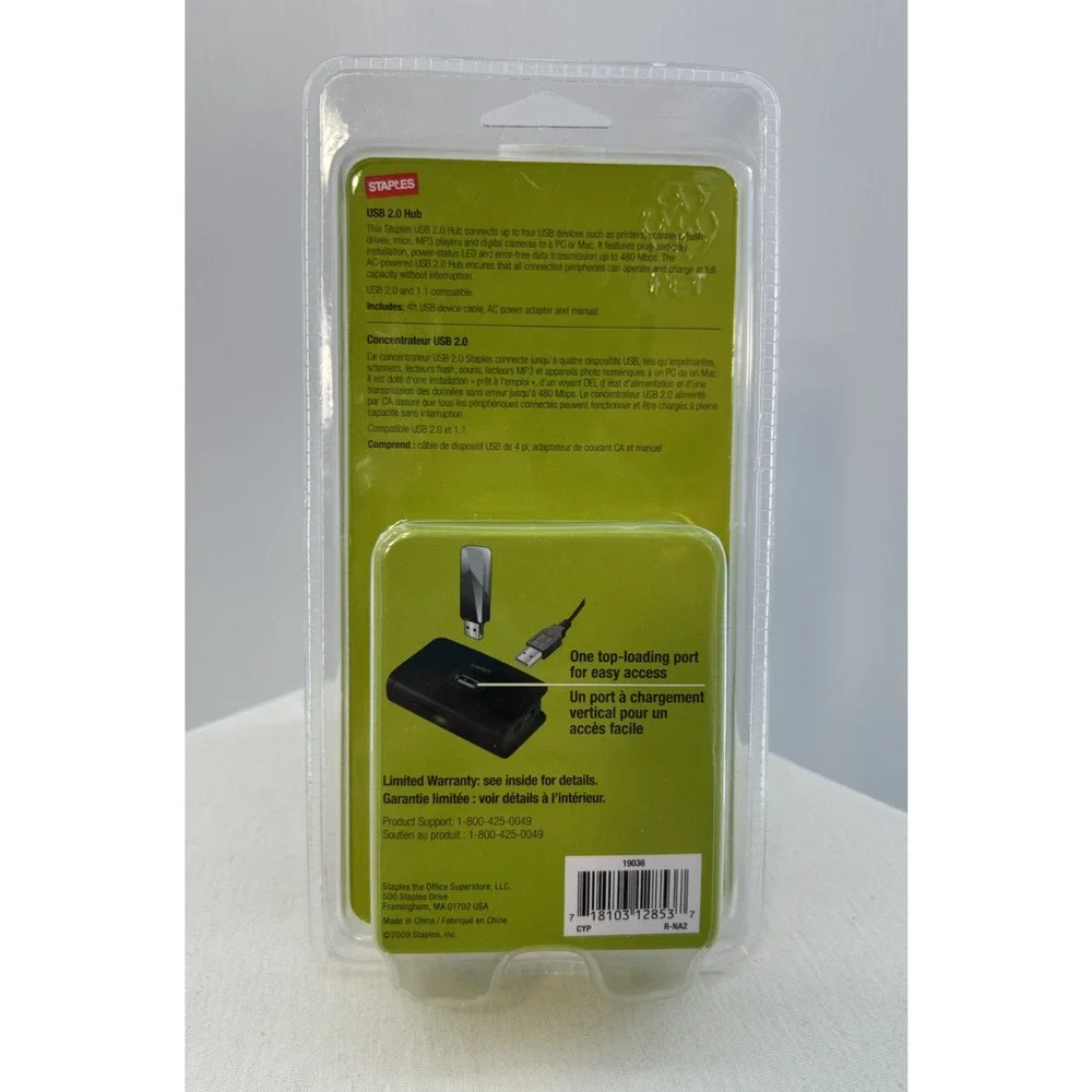 Staples USB 2.0 4 port Hub Model 19036 with Power Adapter and USB to Mini B cord